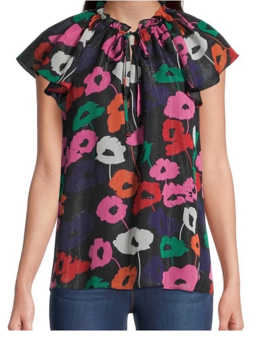 Milly Poppy Print Lurex Ruffle Sleeve Top